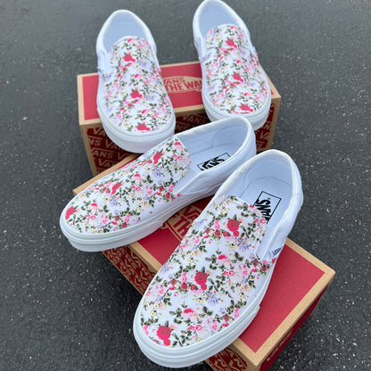 Classic Vintage Floral Pattern - Custom Vans White Slip On Shoes - Custom Vans Shoes