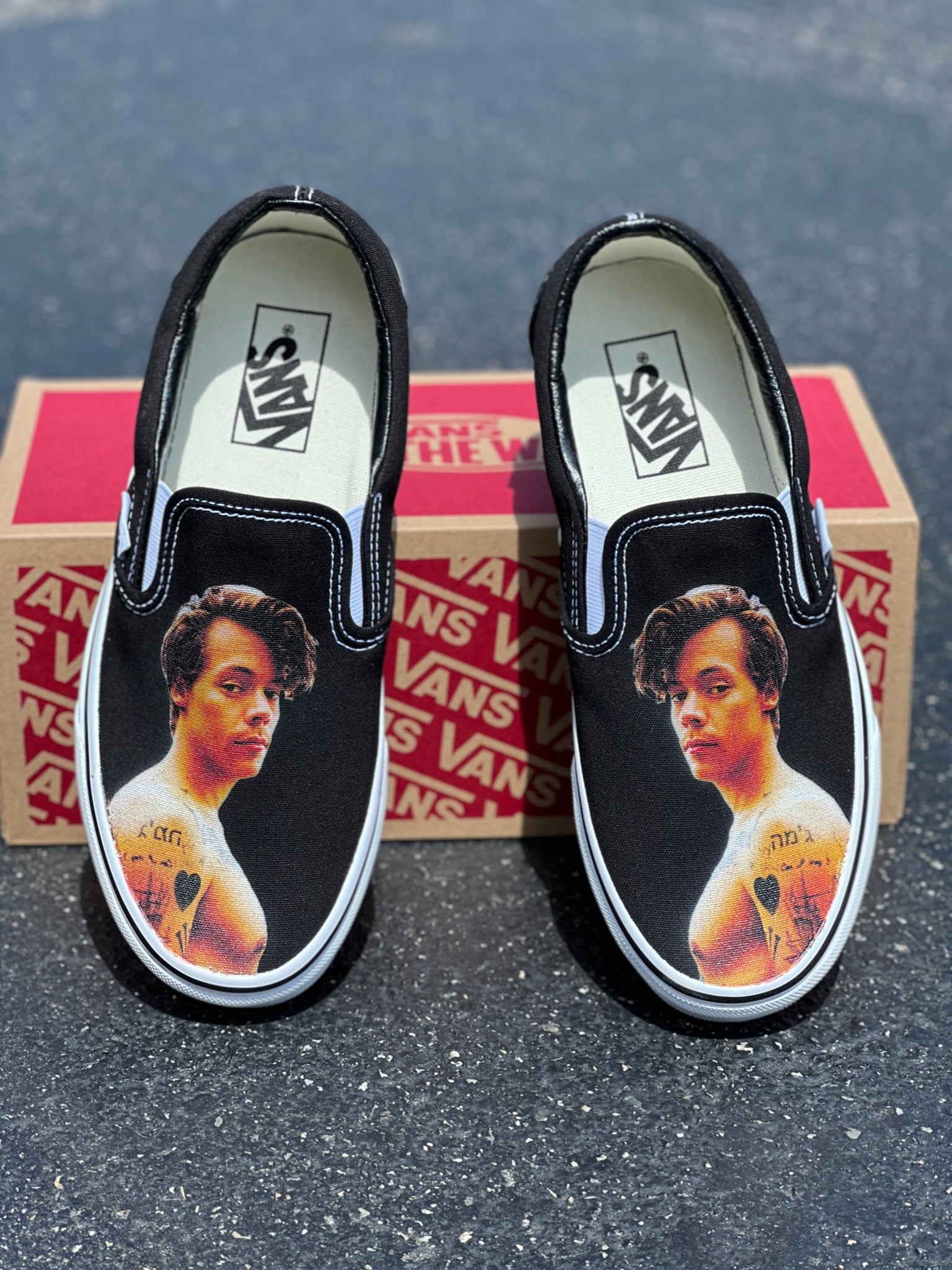 Knoglemarv sø favor Harry Styles Custom Sneakers - Black Slip On Vans – BlvdCustom