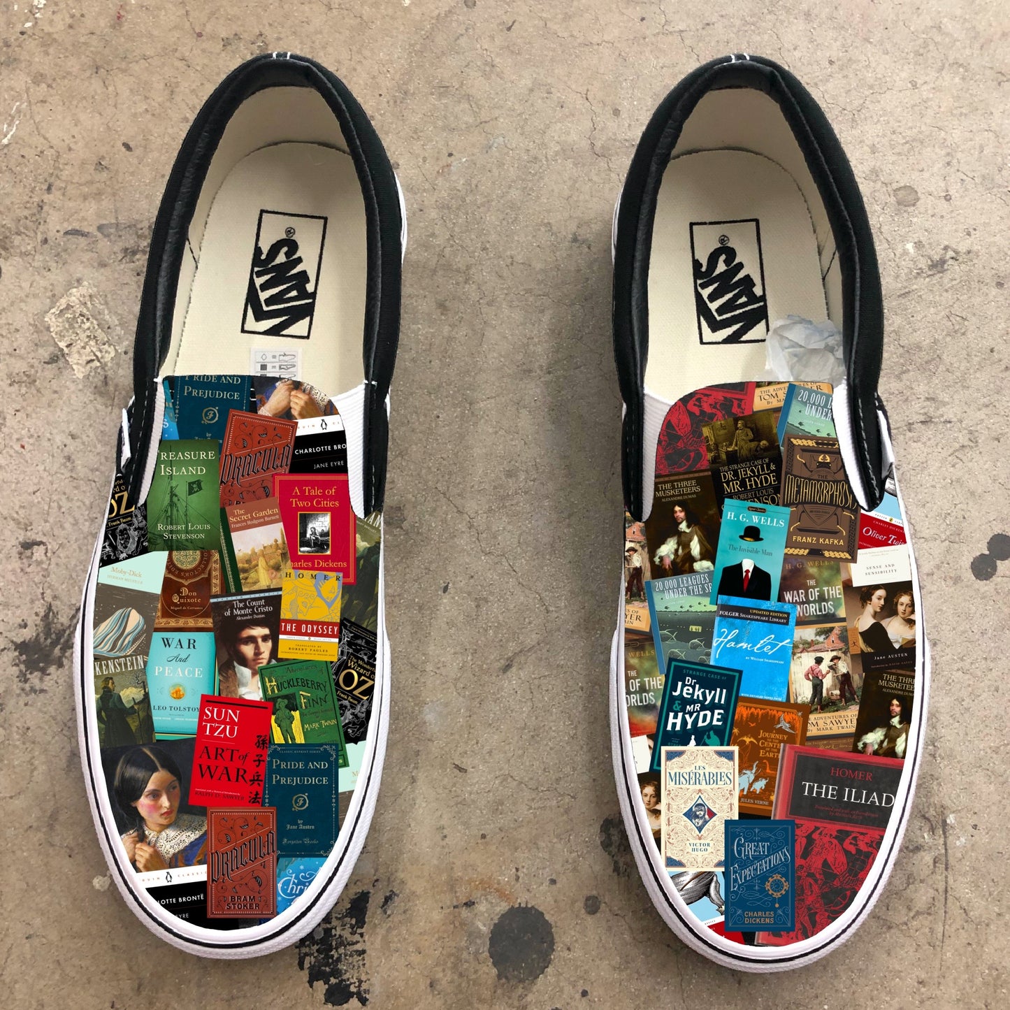 Classic Book Lovers Black Slip On Custom Sneakers - Custom Vans