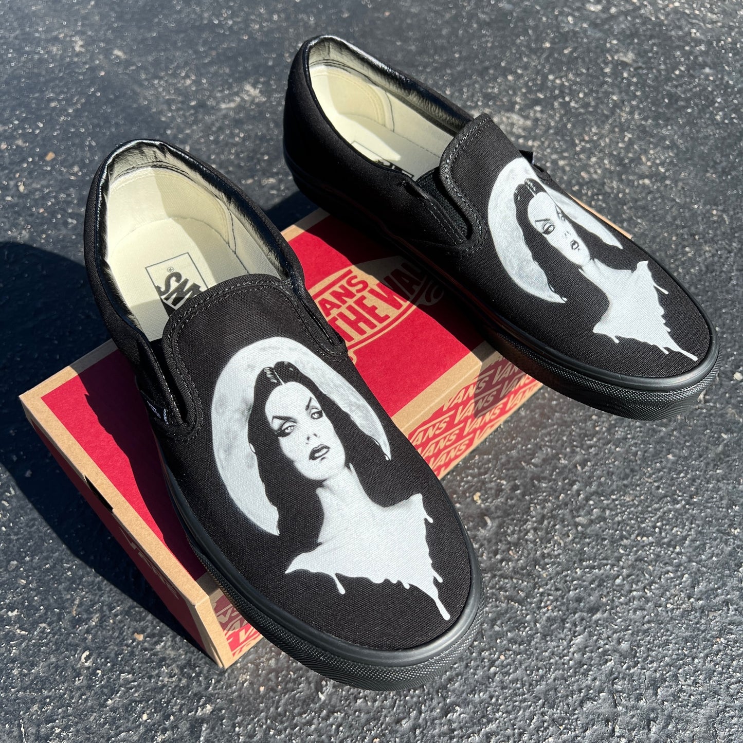 Morticia Addams Family Halloween Full Moon Custom Slip On Vans