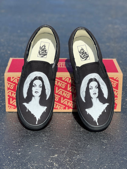 Morticia Addams Family Halloween Full Moon Custom Slip On Vans