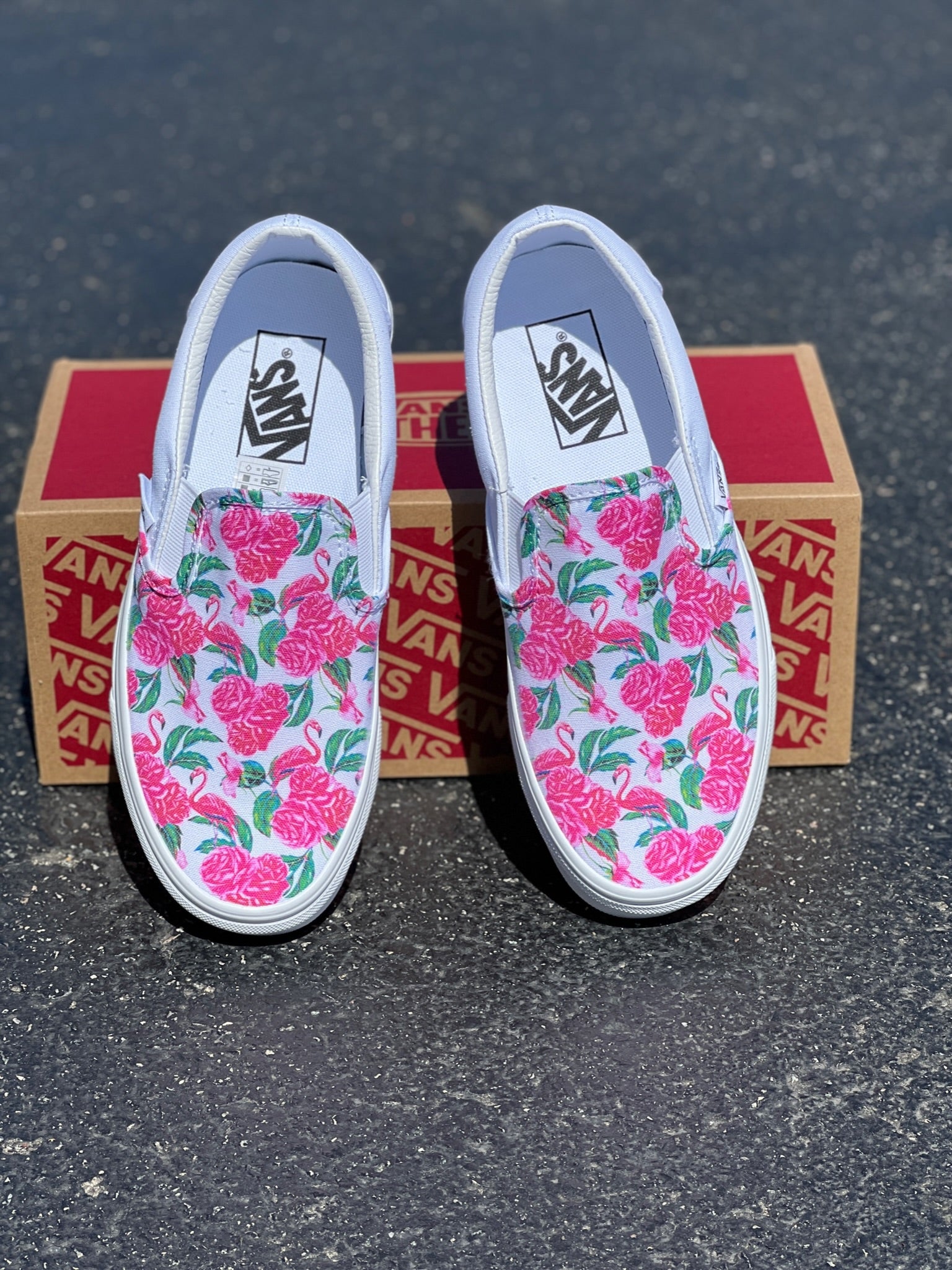 Hot Pink Flamingos and Roses - Custom Vans Slip On Shoes – BlvdCustom
