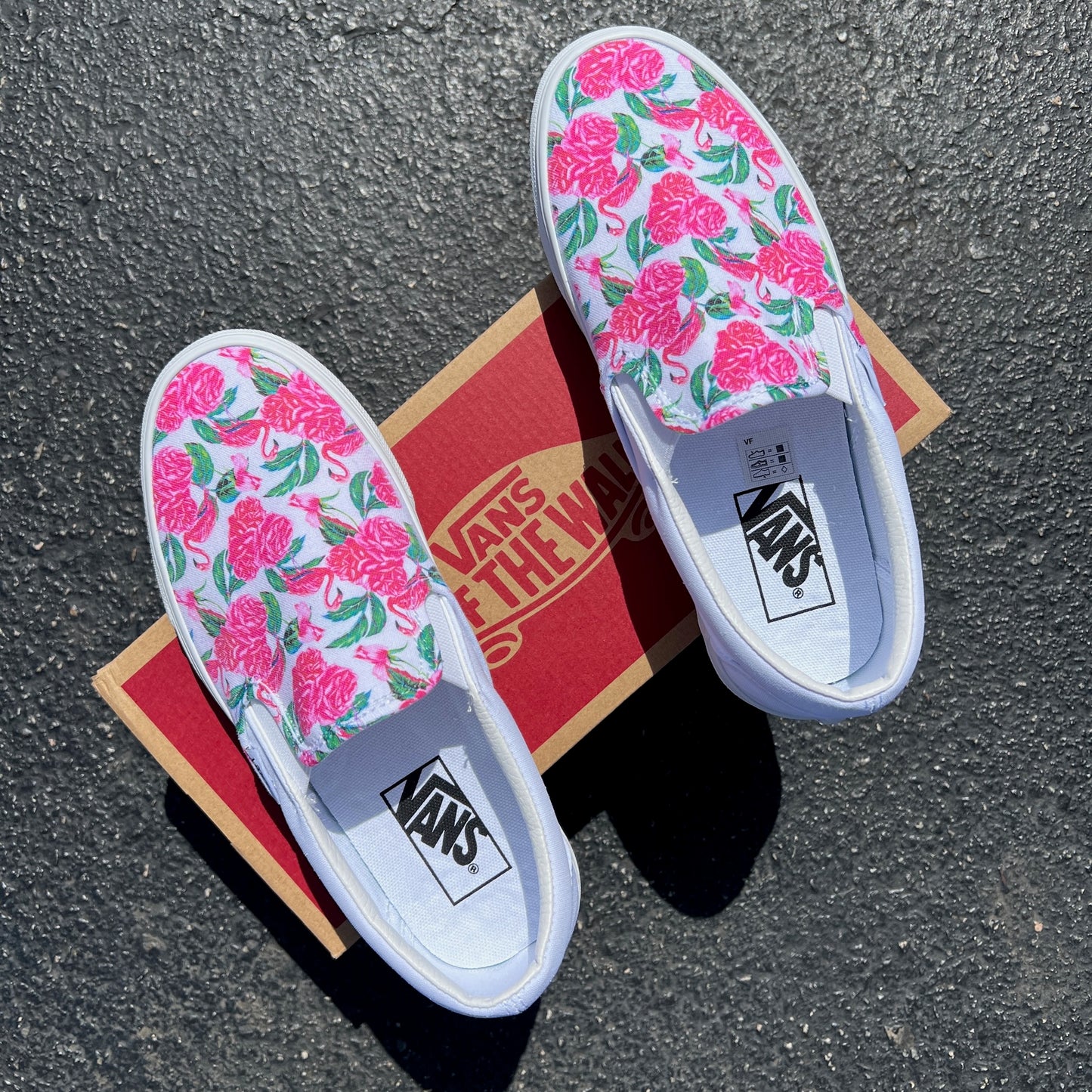 Hot Pink Flamingos and Roses - Custom Vans White Slip On Shoes