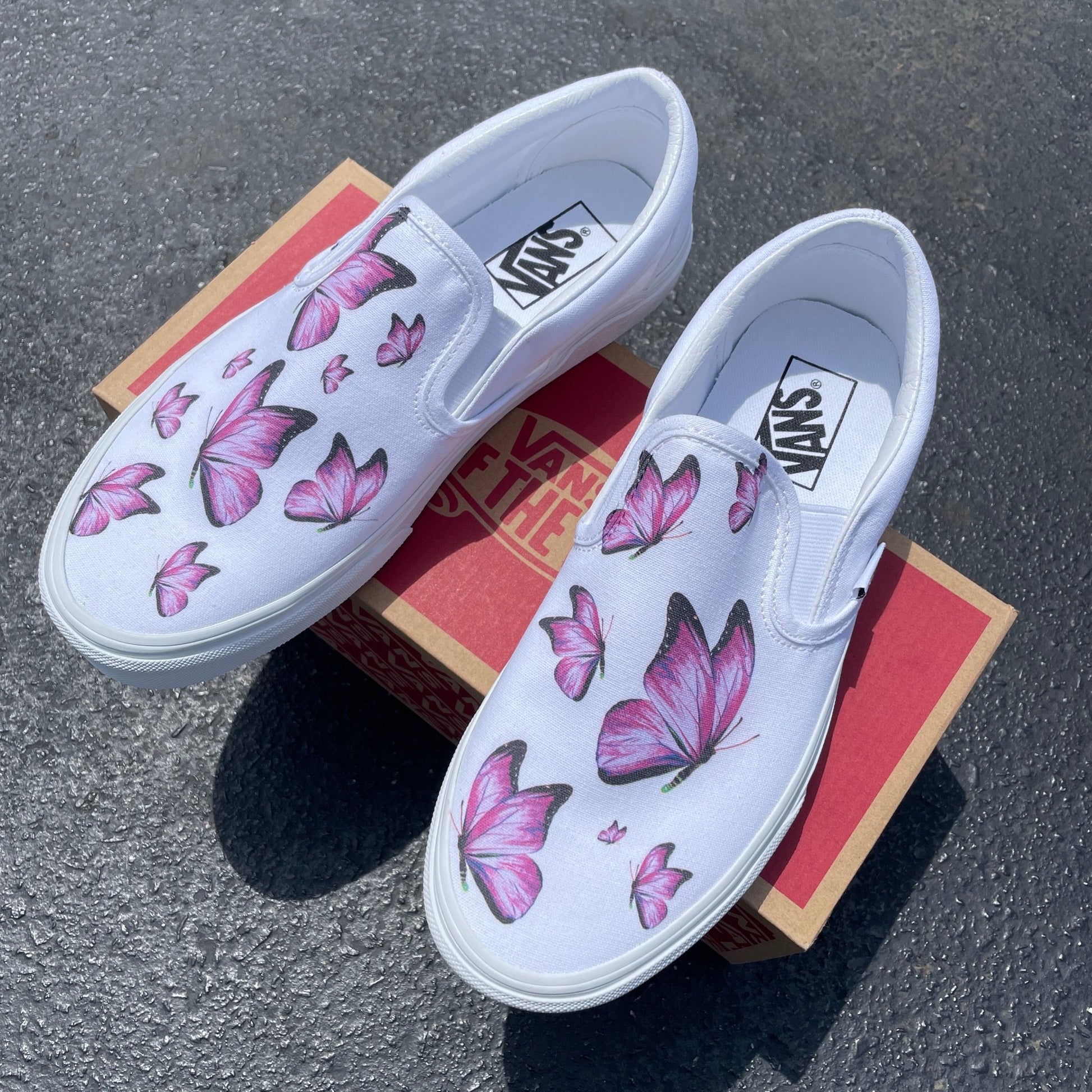 Pink Butterfly - Custom White Slip On Vans
