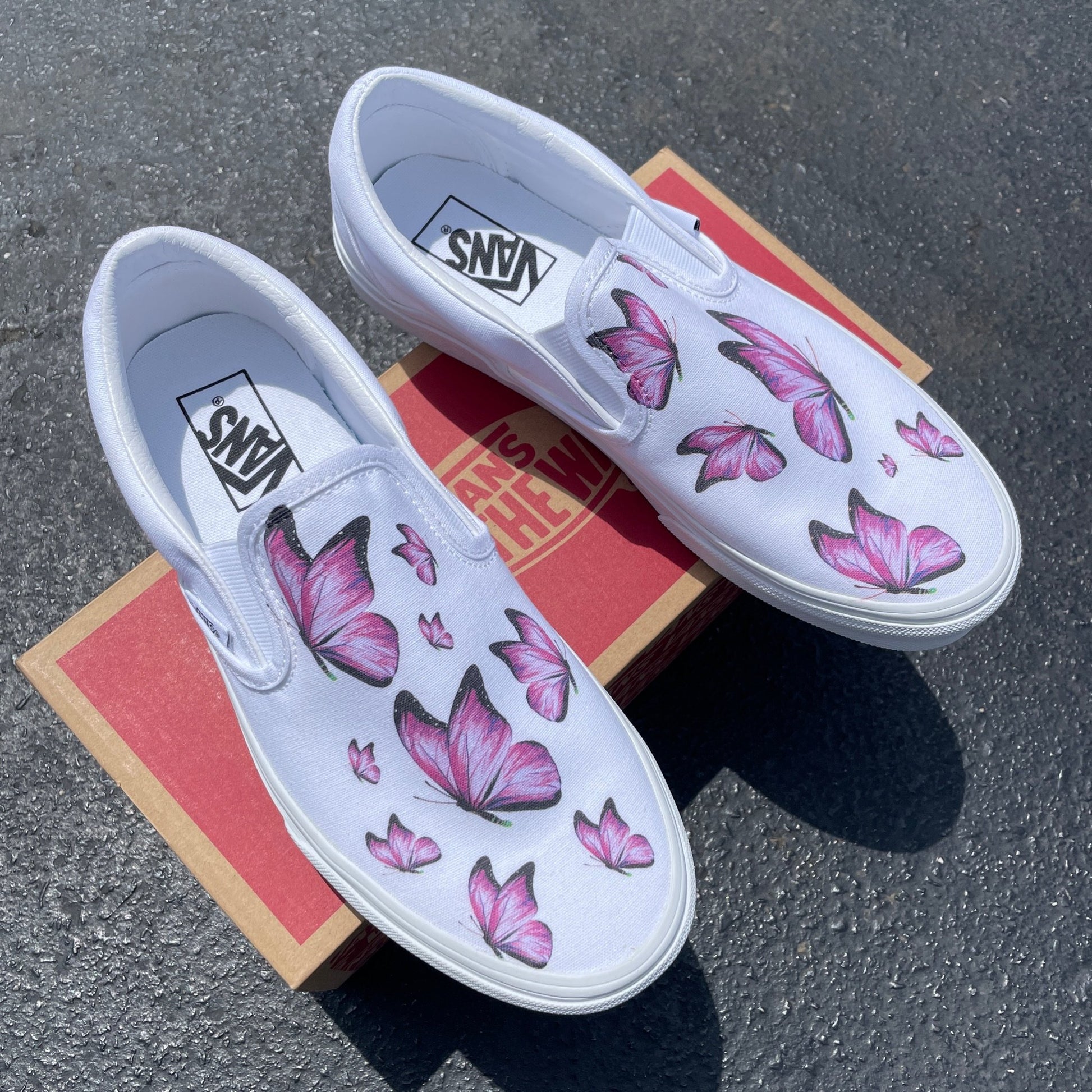 Pink Butterfly - Custom White Slip On Vans