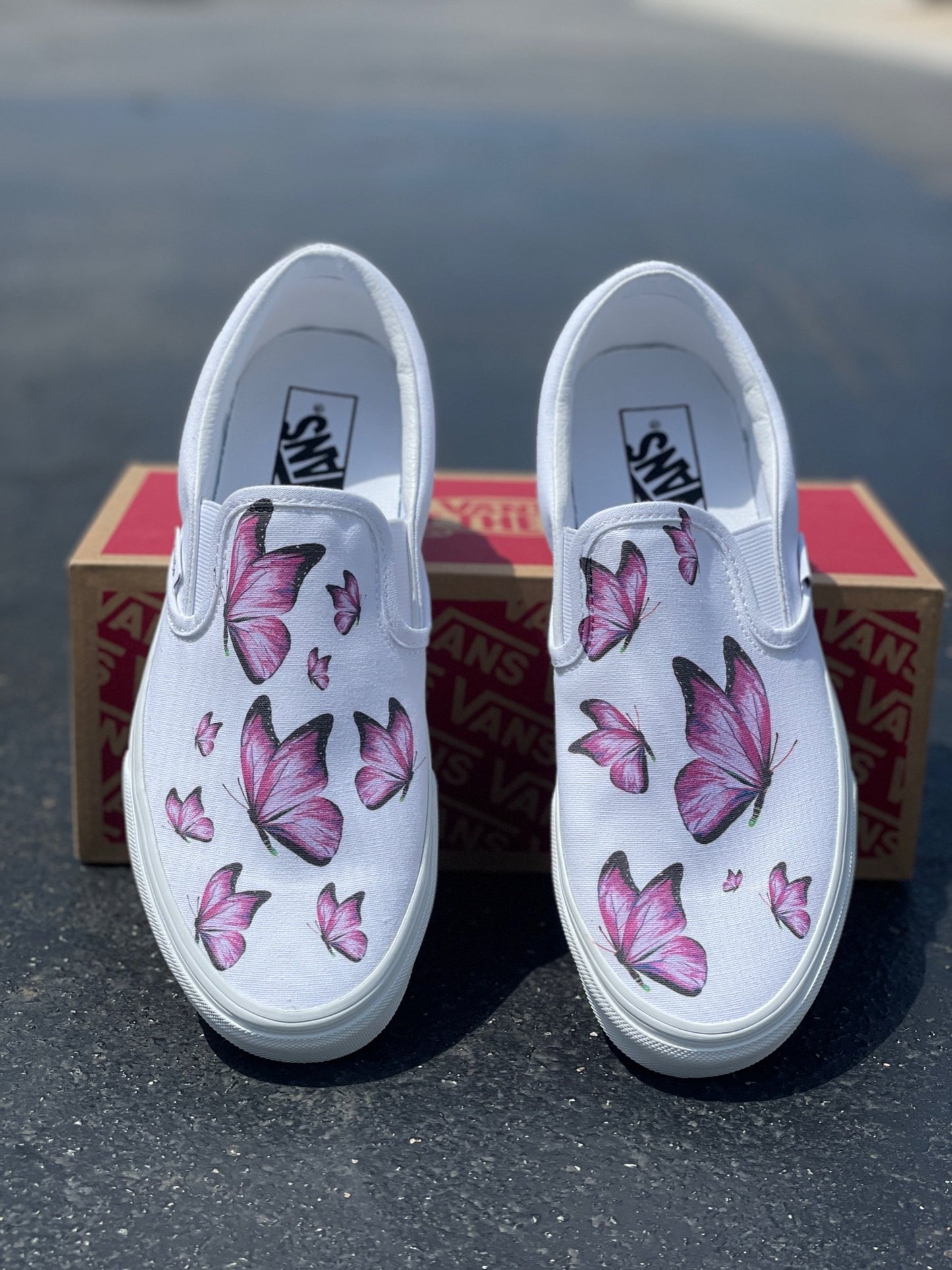 Pink Butterfly - Custom White Slip On Vans