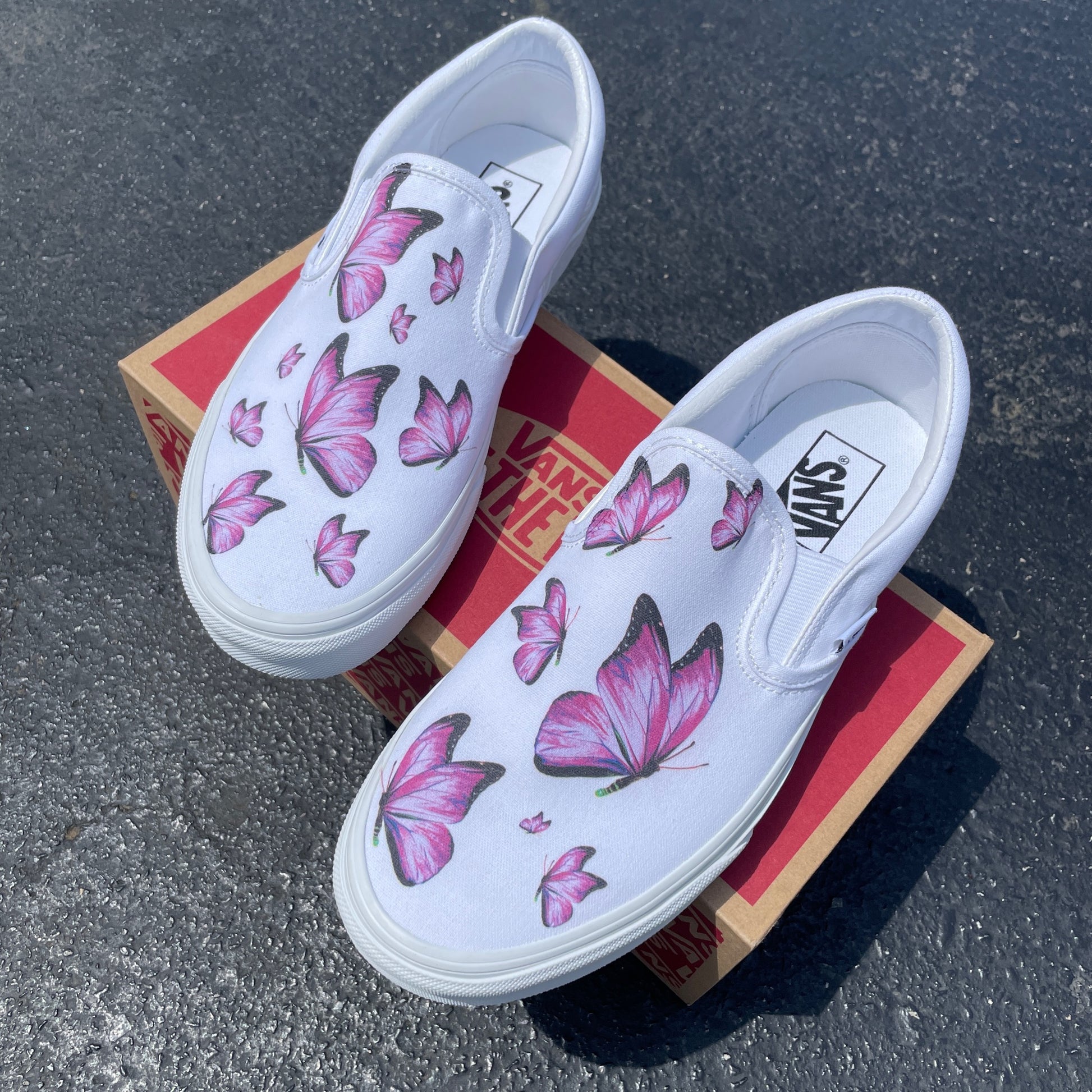Pink Butterfly - Custom White Slip On Vans