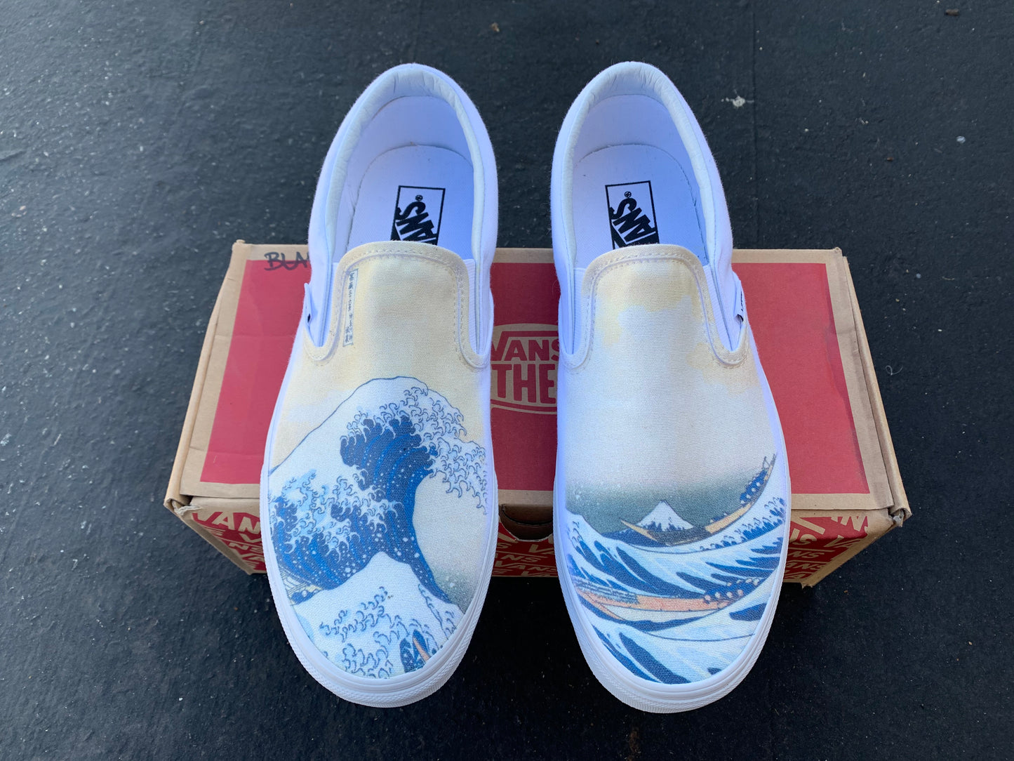 The Great Wave off Kanagawa Custom Printed White Slip On Vans