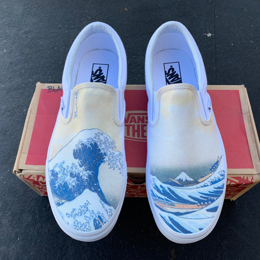 The Great Wave off Kanagawa Custom Printed White Slip On Vans