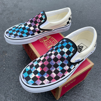 Vans, Shoes, Customized Vans Checkered Rainbow Slip Ons