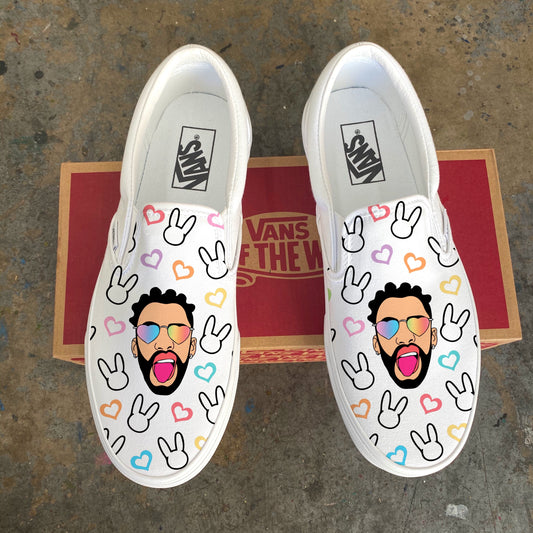 Bad Bunny Valentines Day Rainbow Heart Portrait Custom Slip On Vans: LIMITED TIME ONLY - Custom Vans Shoes