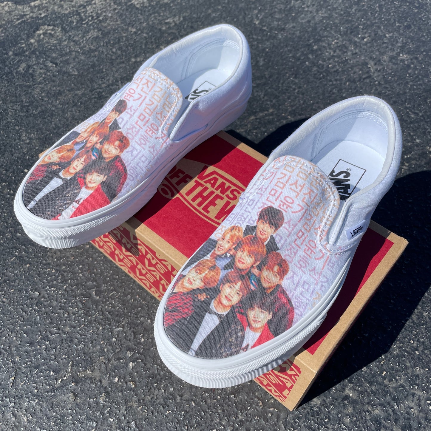 BTS - White Slip Ons - Custom Vans Shoes