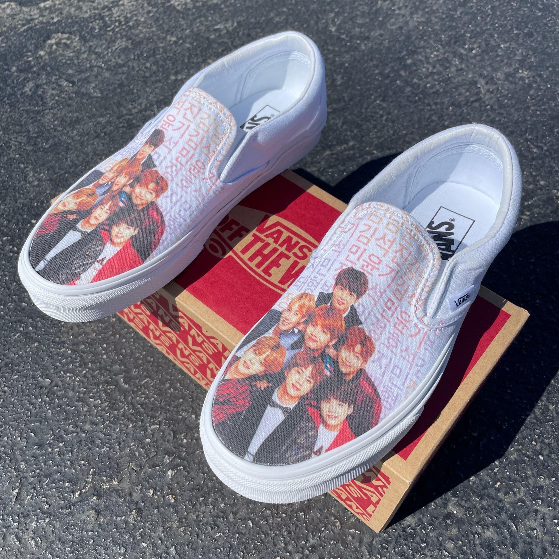 BTS - White Slip Ons - Custom Vans Shoes