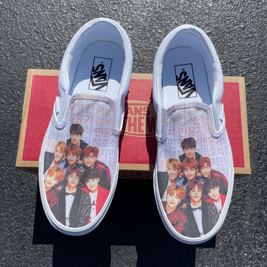 BTS - White Slip Ons - Custom Vans Shoes