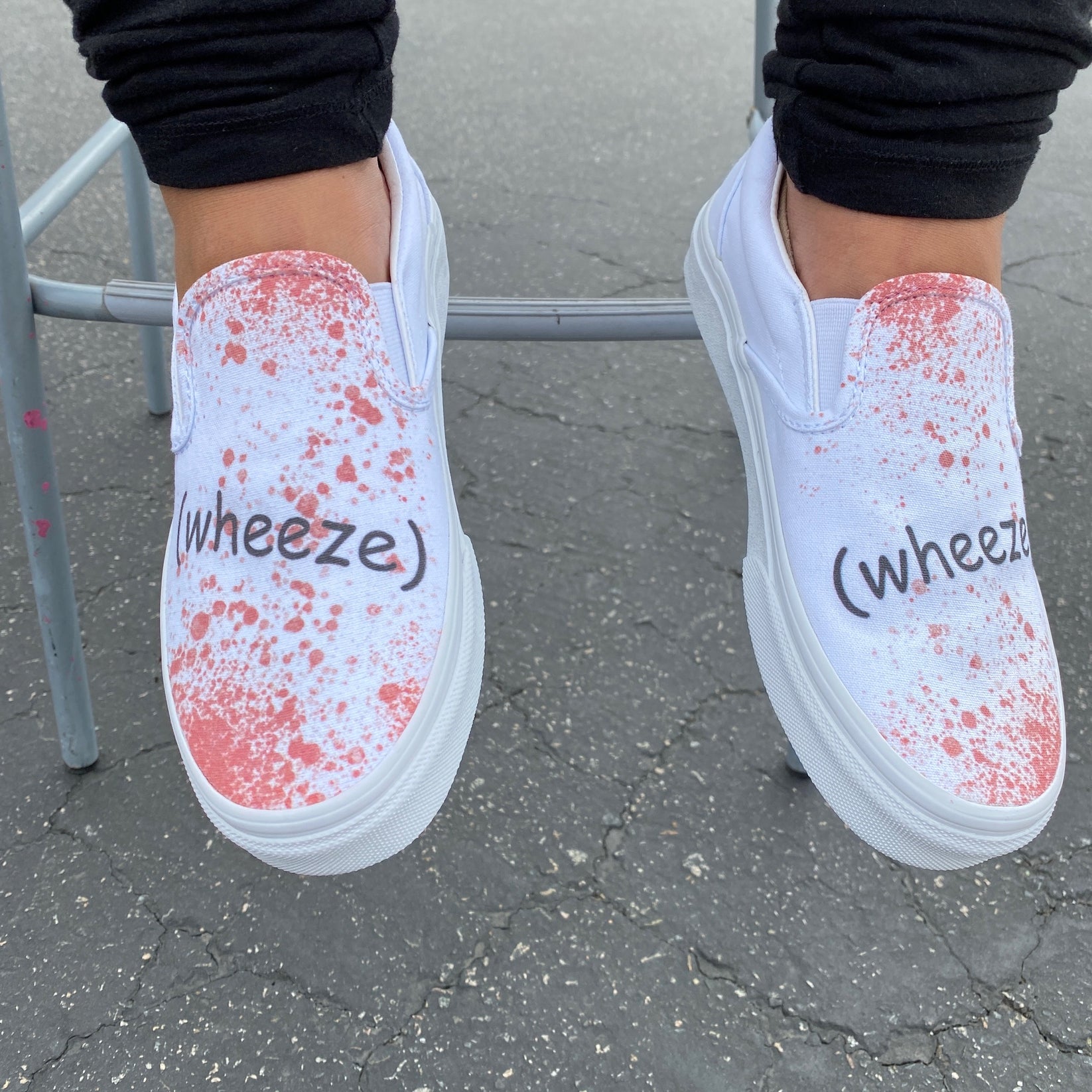 UNSOLVED Blood Splatter (wheeze) on All White Slip On VANS BlvdCustom