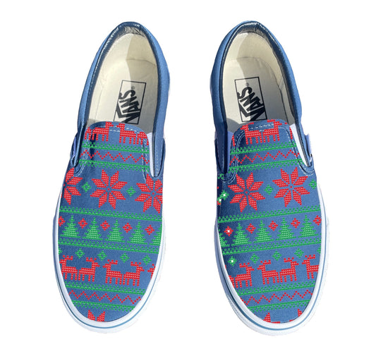 Ugly Christmas Sweater Print Holiday Season Custom Navy Slip On Vans