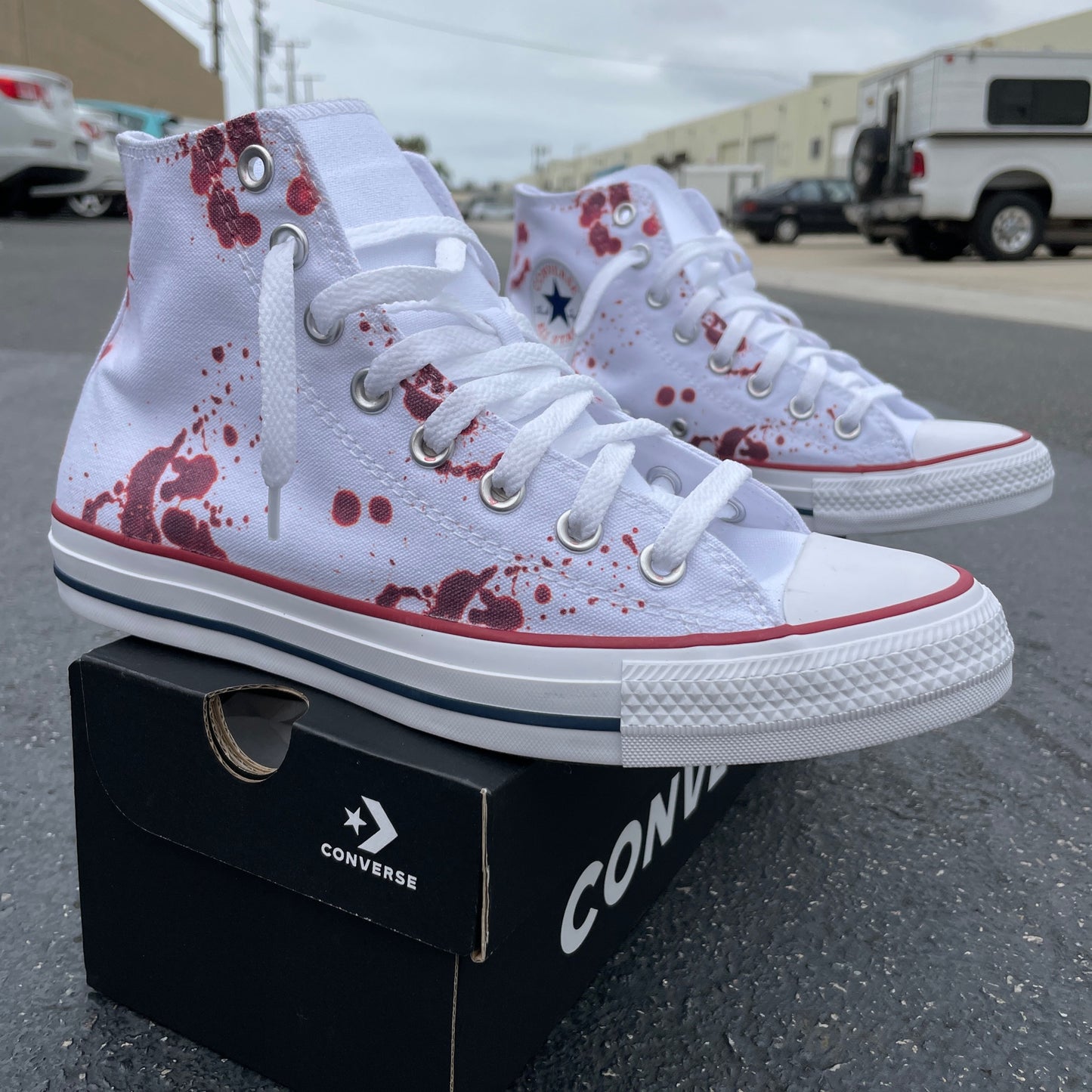 Blood Splatter White High Tops - Custom High Top Sneakers - Custom Converse Shoes