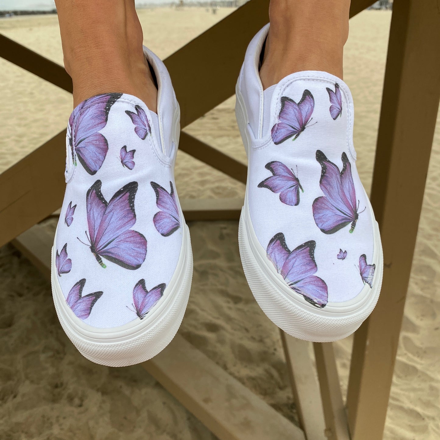 Purple Butterfly - White Slip On Vans