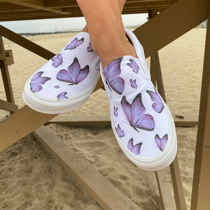 Purple Butterfly - White Slip On Vans