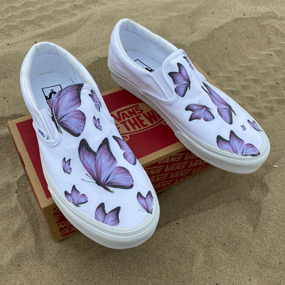 Purple Butterfly - White Slip On Vans