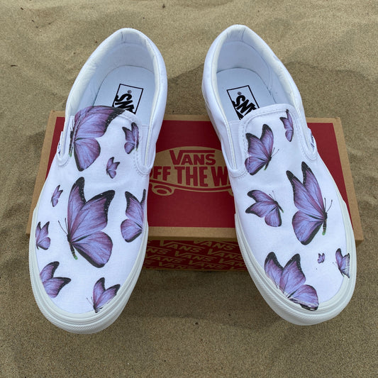 Purple Butterfly - White Slip On Vans