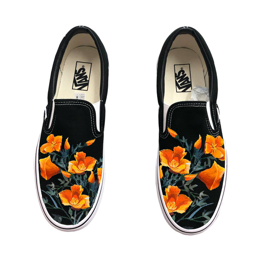 Orange Poppy Flower Floral Spring - Black Slip On Vans