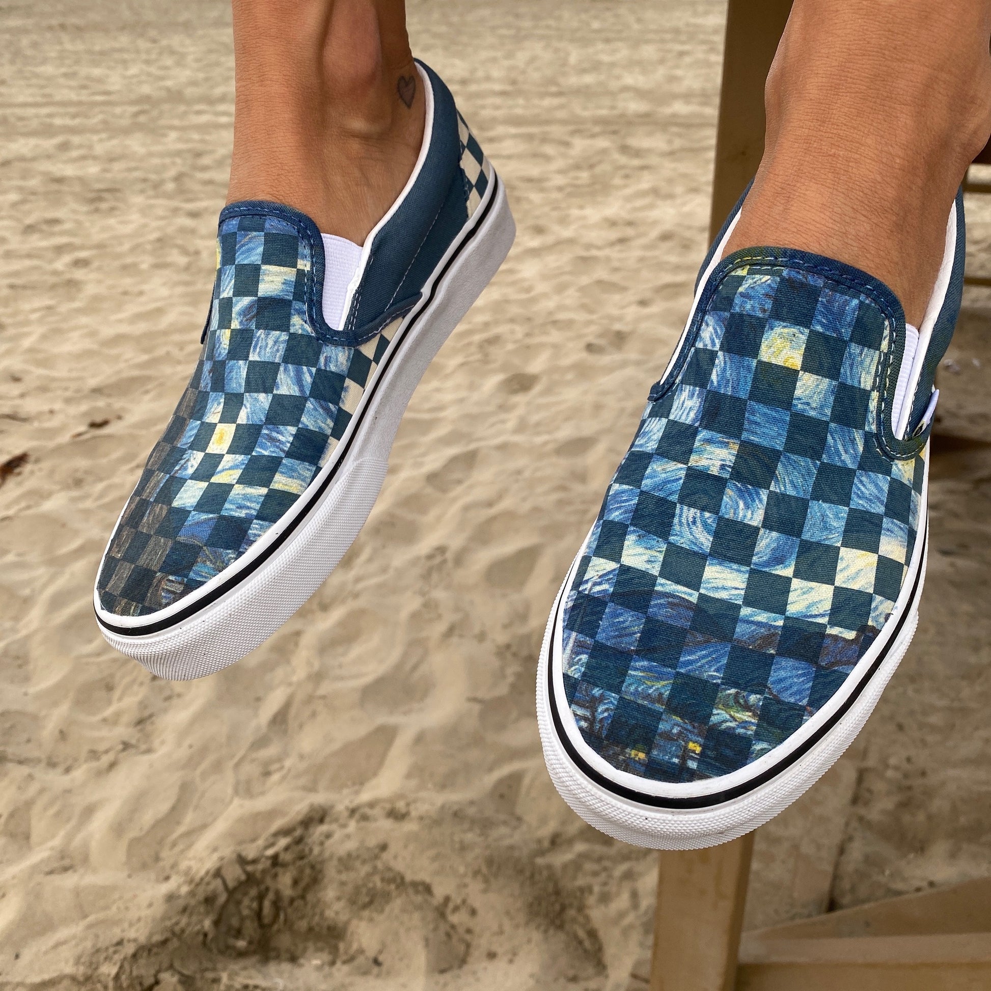 Checkerboard Starry Night - Custom Slip Ons - Custom Vans Shoes