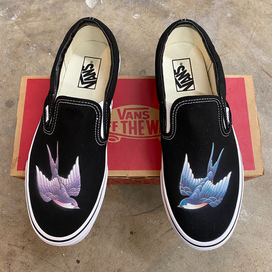 Purple And Blue Sparrow - Black Slip On Vans
