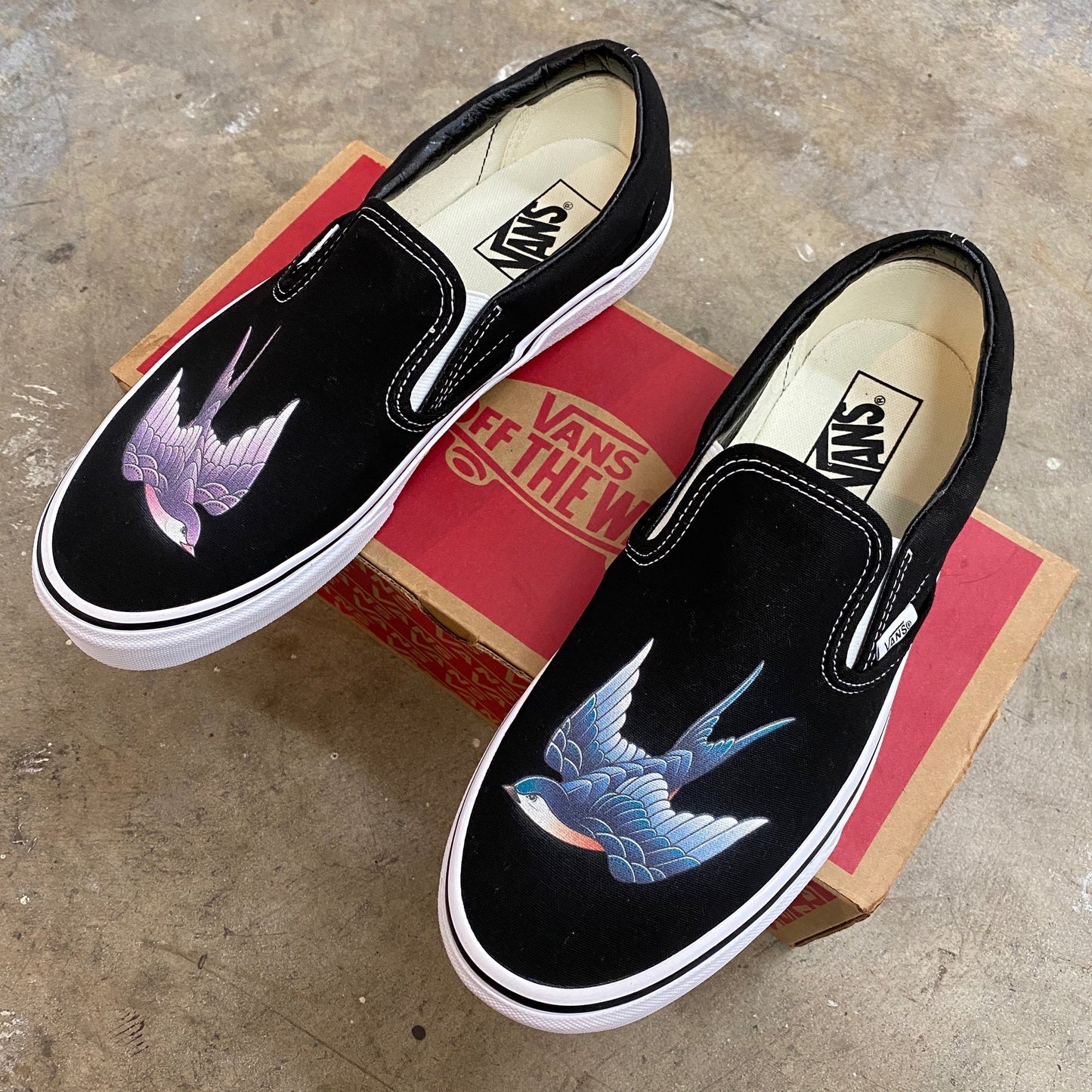 Purple And Blue Sparrow - Black Slip On Vans