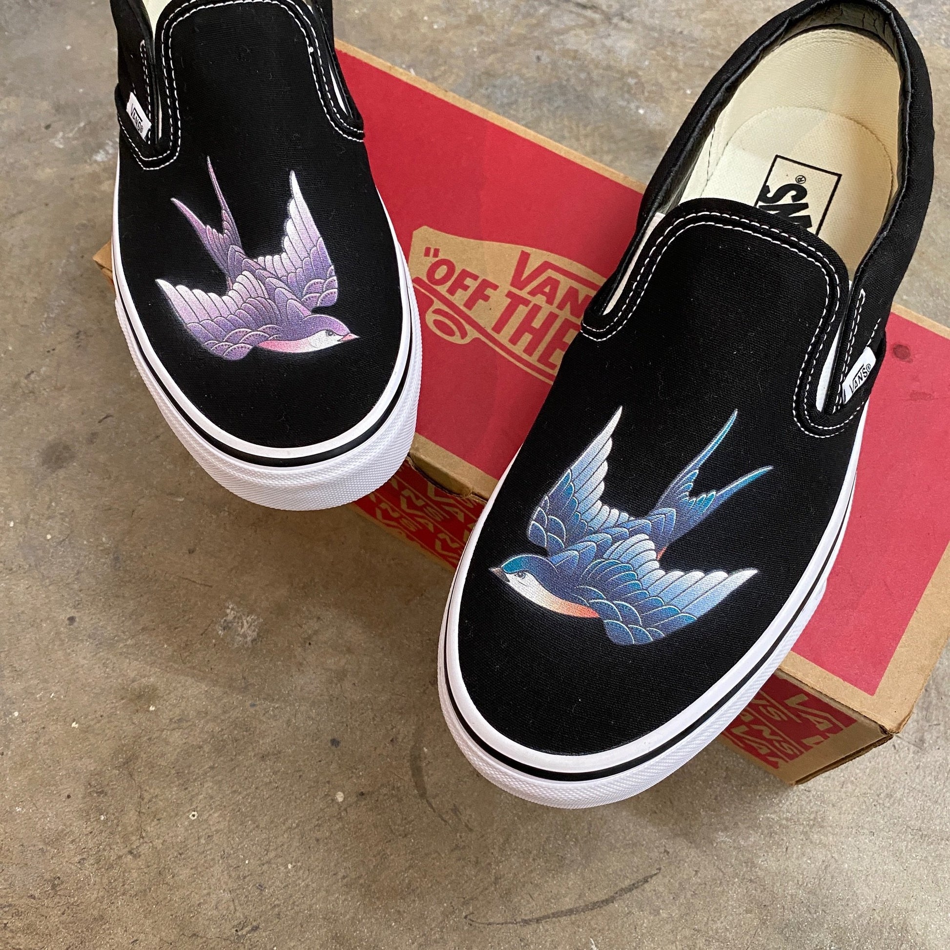 Purple And Blue Sparrow - Black Slip On Vans