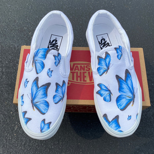Blue Butterfly - White Slip Ons - Custom Vans Shoes – BlvdCustom