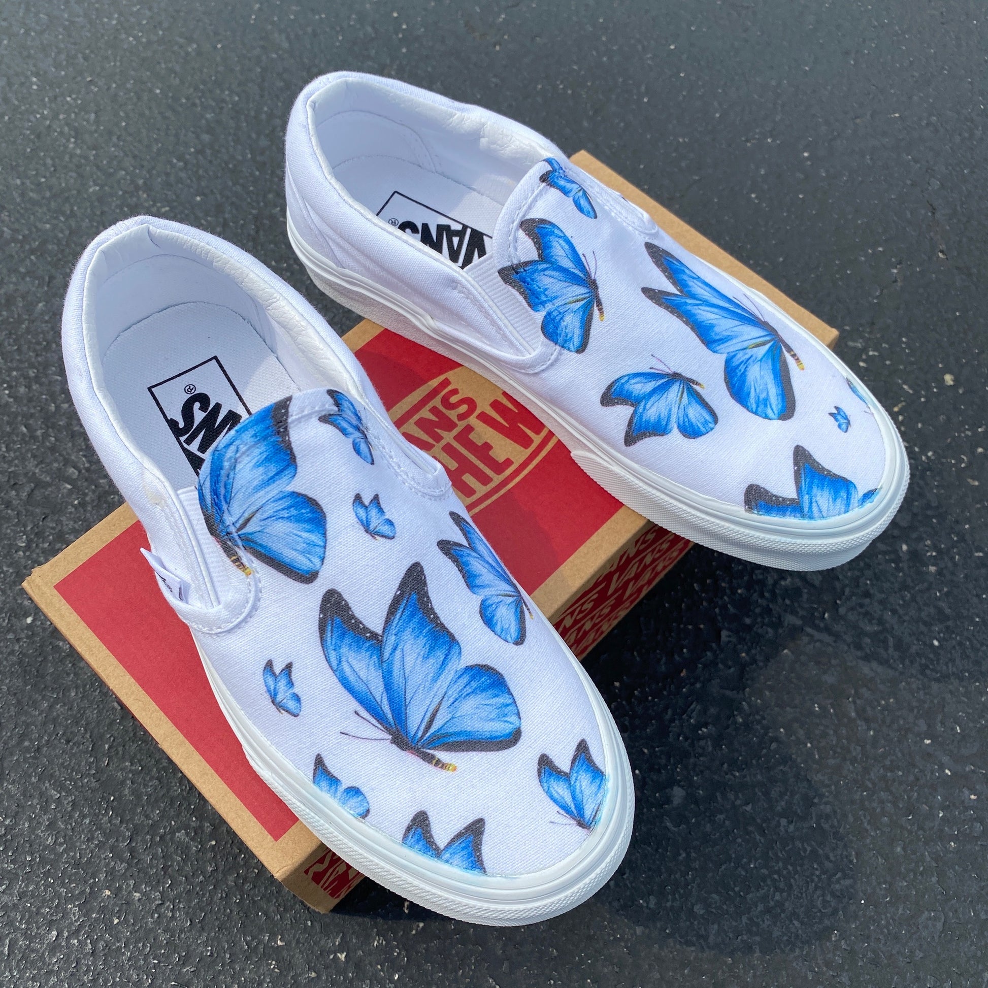 Blue Butterfly - White Slip Ons - Custom Vans Shoes