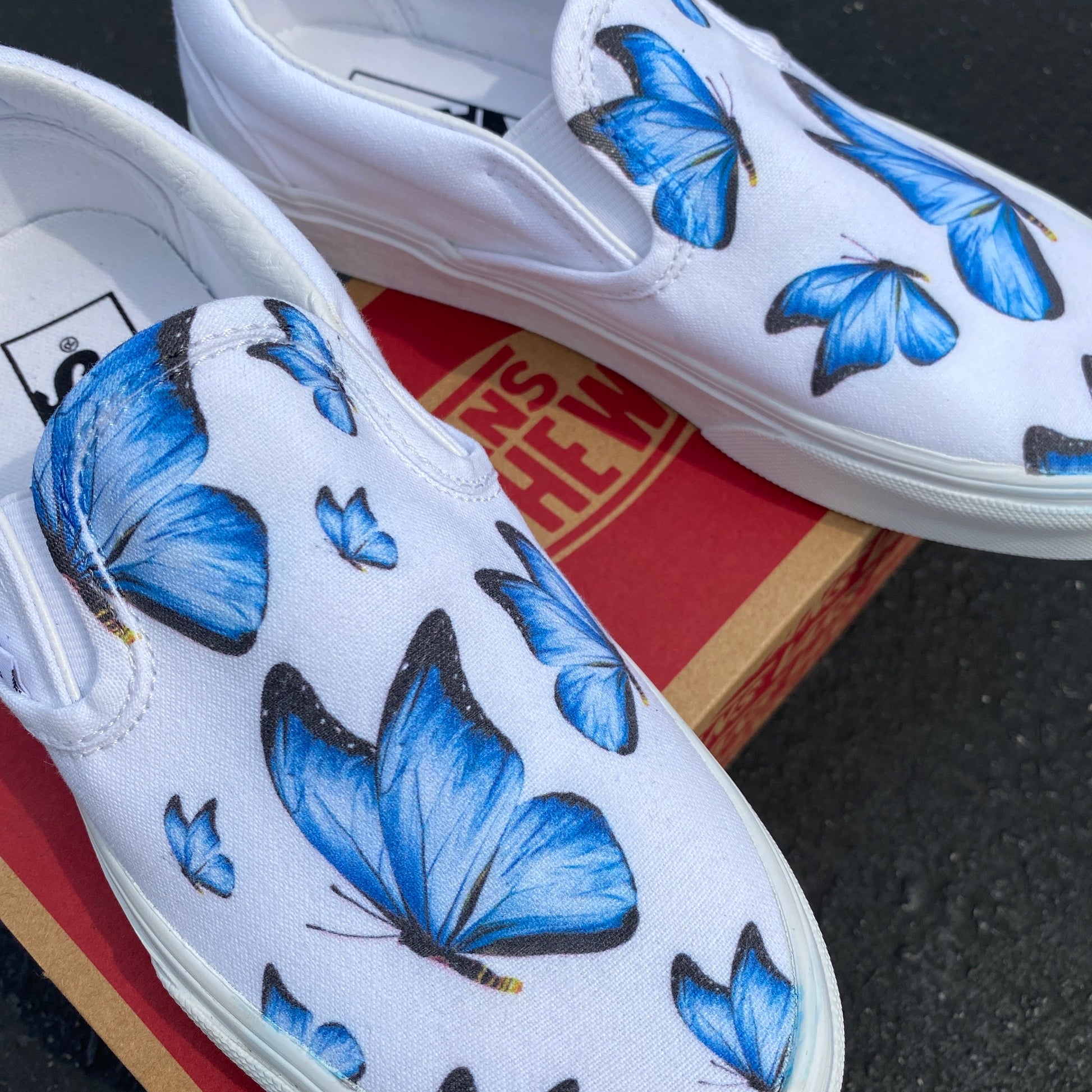 Blue Butterfly - White Slip Ons - Custom Vans Shoes