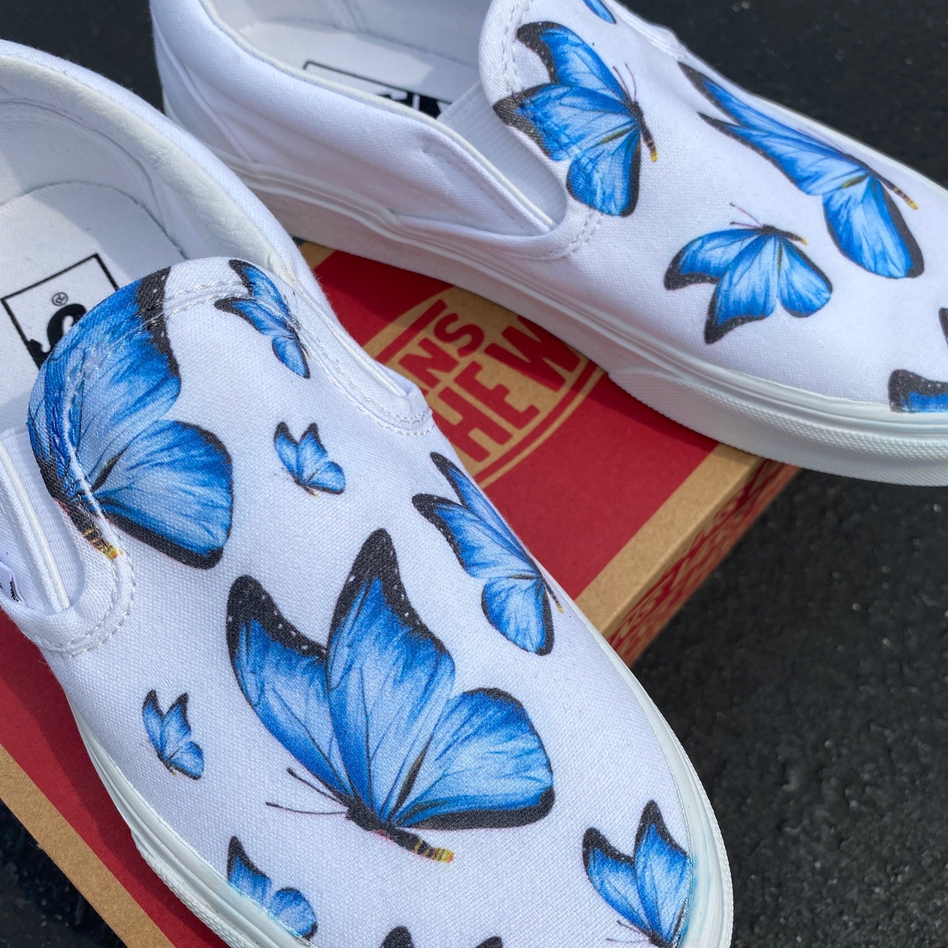 Blue Butterfly - White Slip On Vans