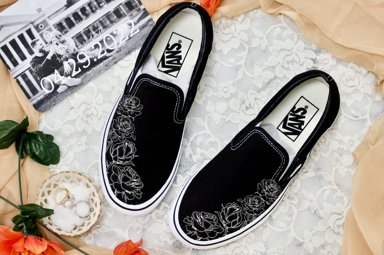 Black White Rose Flower - Wedding Custom Slip On Vans Bridal Shoes Wedding Sneakers Wedding Shoes for Bride Shoes for Groom Maid of Honor - Custom Vans Shoes