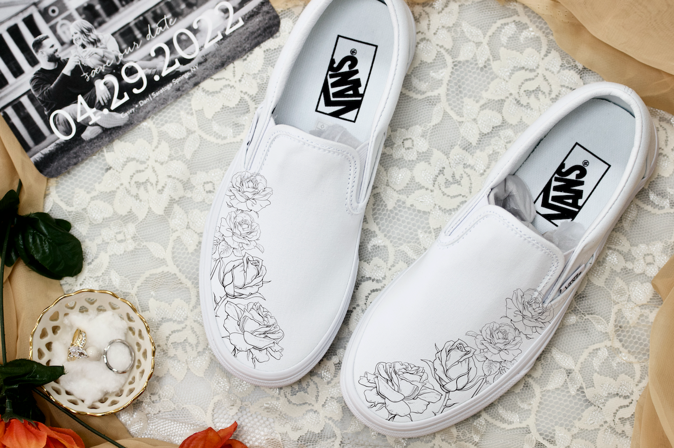 White Black Rose Flower - Wedding Custom Slip On Vans Bridal Shoes Wedding Sneakers Wedding Shoes for Bride Shoes for Groom Maid of Honor