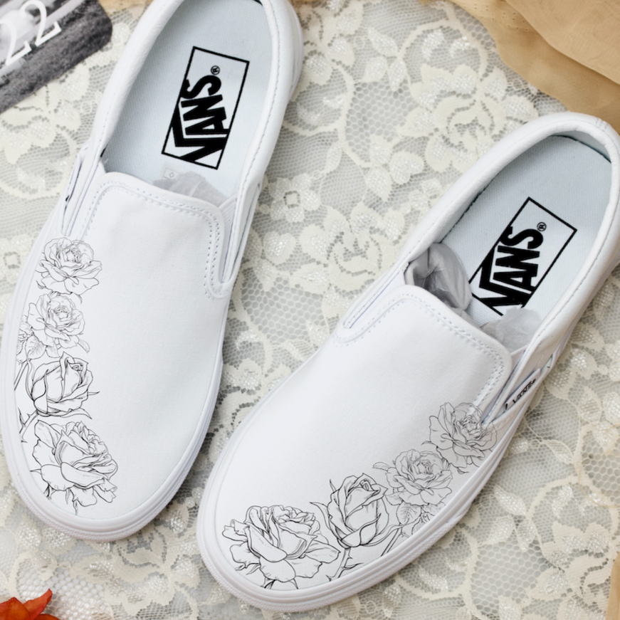 White Black Rose Flower Wedding Custom Slip On Vans Bridal Shoes Wedding Sneakers Wedding Shoes for Bride Shoes for Groom Maid of Honor