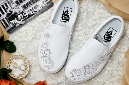 White Black Rose Flower - Wedding Custom Slip On Vans Bridal Shoes Wedding Sneakers Wedding Shoes for Bride Shoes for Groom Maid of Honor