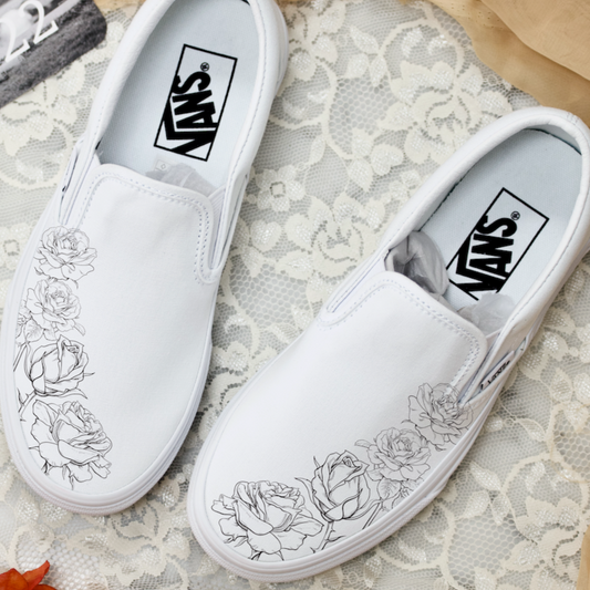 White Black Rose Flower - Wedding Custom Slip On Vans Bridal Shoes Wedding Sneakers Wedding Shoes for Bride Shoes for Groom Maid of Honor