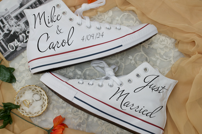 High Top Wedding Sneaker Bride Groom Just Married White - Custom Converse Shoes