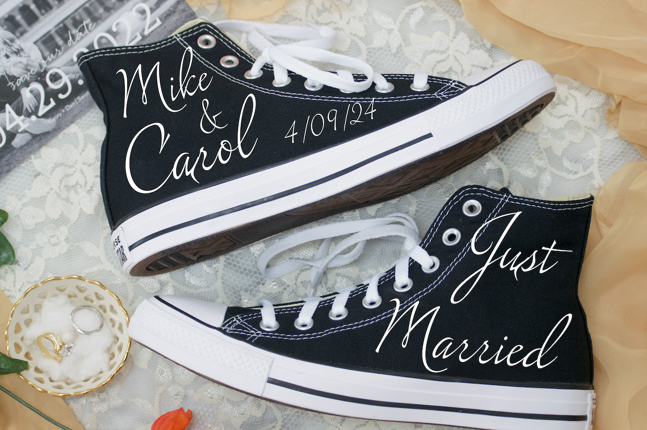High Top Wedding Sneaker Bride Groom Just Married Black - Custom Converse Shoes