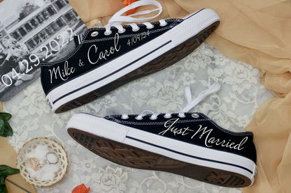 Custom Low Top Wedding Sneaker Bride Groom Just Married Black - Custom Converse Shoes