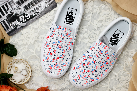 Cute Floral Custom Shoes - Custom White Slip On Shoes for Custom Wedding, Bride, Maid of Honor, Bridesmaids, Flower Girl