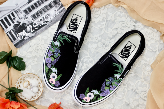 Purple Lavender Flower - Wedding Custom Slip On Vans Bridal Shoes Wedding Sneakers Wedding Shoes for Bride Brides Maids Maid of Honor Floral Black