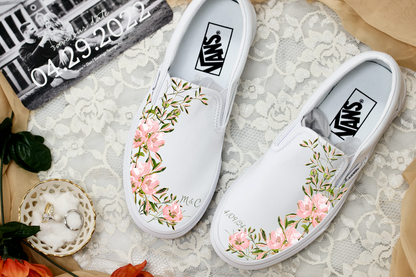 Pink Peach Light Green Flower - Wedding Custom Slip On Vans Bridal Shoes Wedding Sneakers Wedding Shoes for Bride Brides Maids Maid of Honor