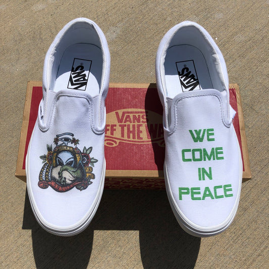 We Come in Peace White Slip-On Vans