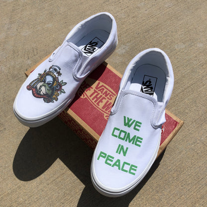 We Come in Peace White Slip-On Vans