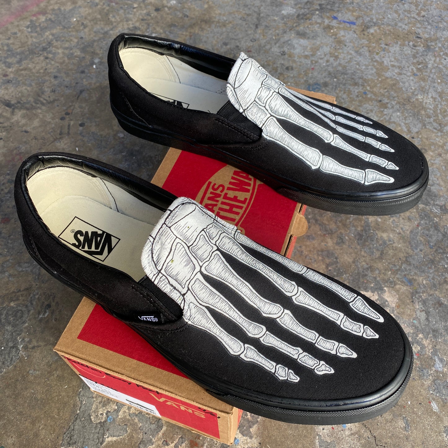 Custom Skeleton Feet X-Ray Vans ALL BLACK Slip Ons - Custom Vans Shoes