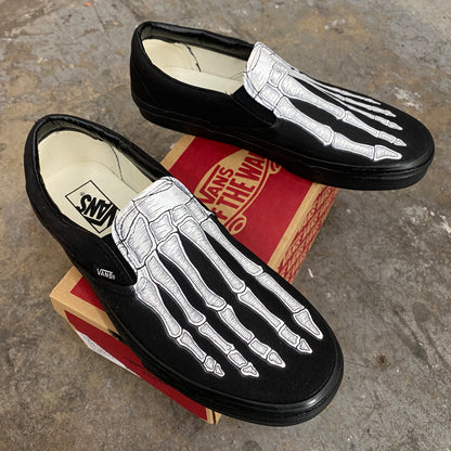 Custom Skeleton Feet X-Ray Vans ALL BLACK Slip Ons - Custom Vans Shoes