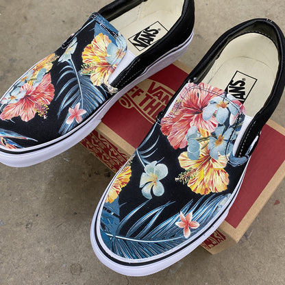 Kids Shoes - Tropical Hawaiian Black Slip Ons